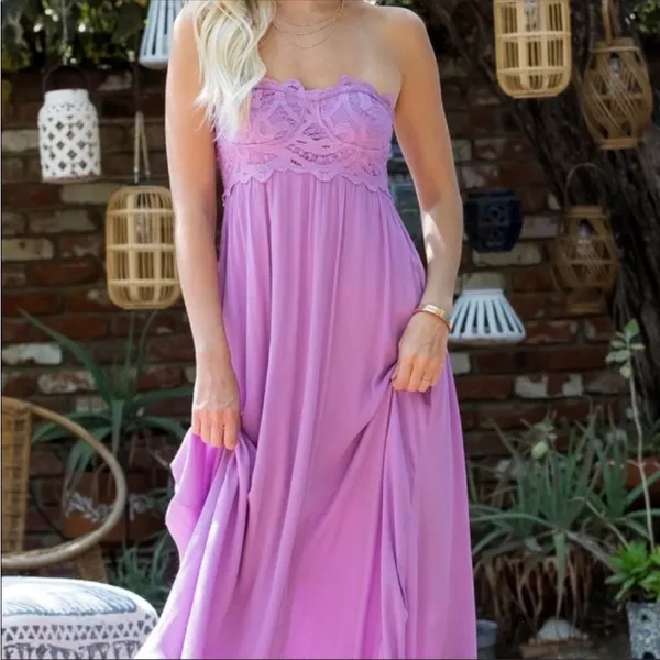 Free People Lavender Strapless Lace Maxi Dress - Image 4