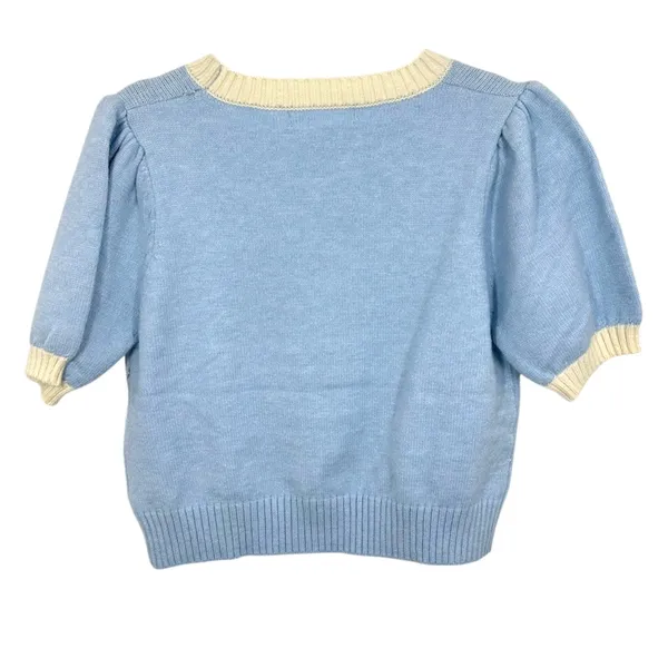 Threaded Leaf Women's Cropped Knit Sweater Blue Sailboat Puff Sleeve Sweater NWT - Image 3
