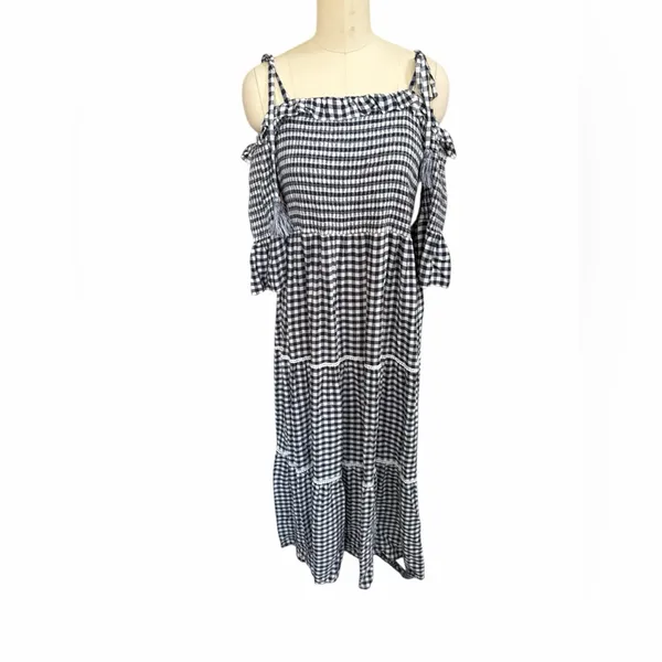Faherty Sylvie Dress Blue Gingham Smocked Tiered Maxi WDU1931-BGI Womens‎ XS NEW - Image 3