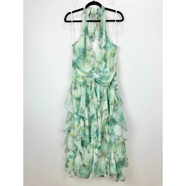 Lulus Febe Teal Green Multi Abstract Halter Ruffled Midi Dress Party XL NWT - Image 6