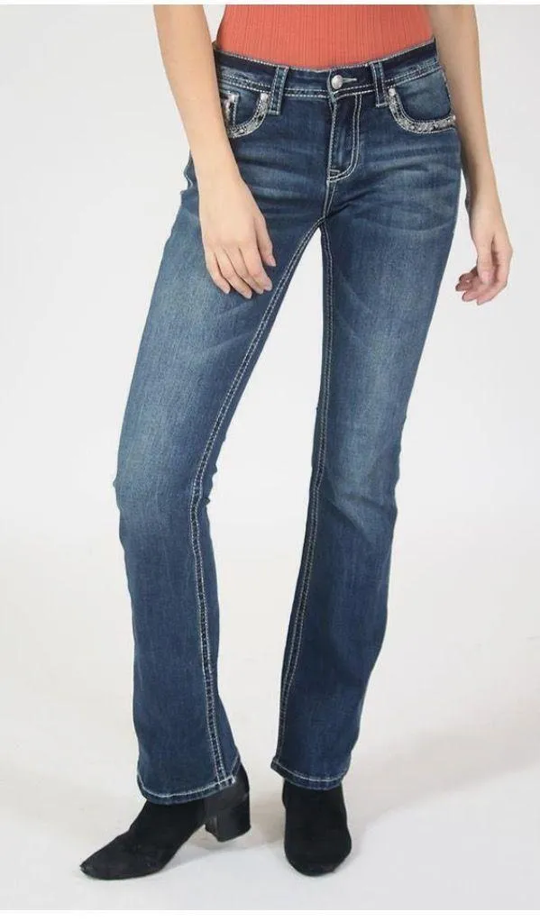Women's Sequin Embellished Pockets Low Rise Bootcut Stretch Jeans - Image 3