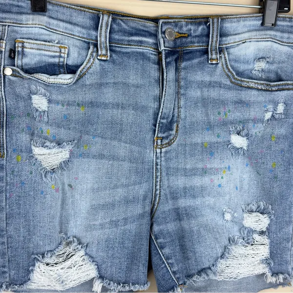 Women’s Judy Blue Denim Frayed Paint Splash Shorts Size L - Image 3