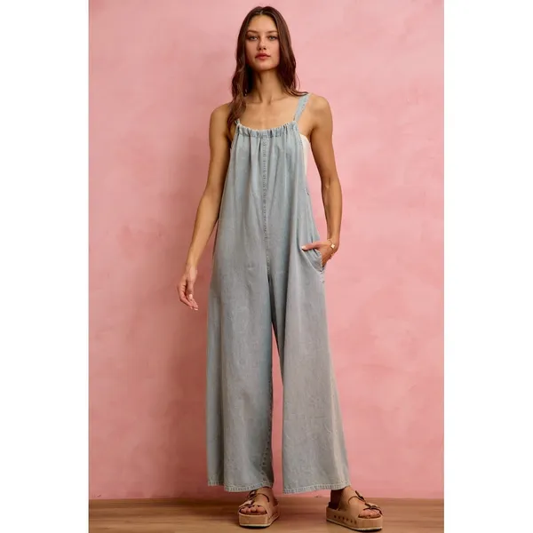 SO ME Wide Leg Lightweight Denim Overalls - Light Denim - Medium - Image 8