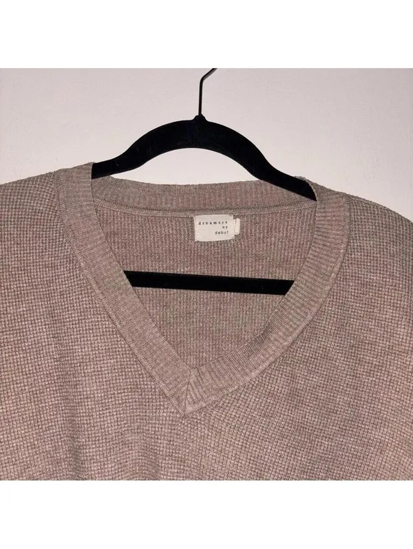 Dreamers by Debut Tan Waffle Knit Casual V Neck Sweater size Medium - Image 2