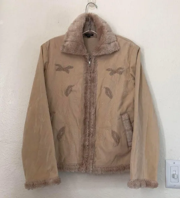 Unique 2000s y2k Tan Cream beige faux fur lined penny lane jacket coat peacoat embroidered #coquette #whimsygoth #cottagecore Size M-measurement in pics - Image 2