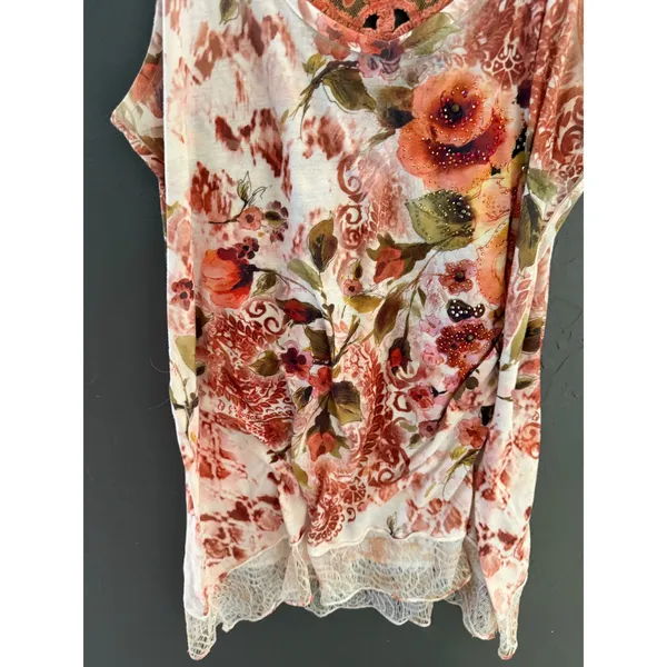 Y2k Fairy Floral Crochet Lace Trim Sleeveless Top Orange Red Rhinestone Large - Image 4