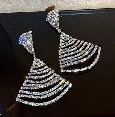 Women's Silver Plated Fan-Shaped Rhinestone Dangle Drop Earrings - Image 2
