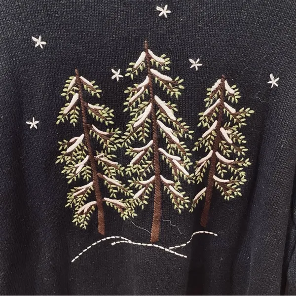 Vintage Christmas Sweater Cardigan Zip Trees 1X Embroidered Black Green - Image 8