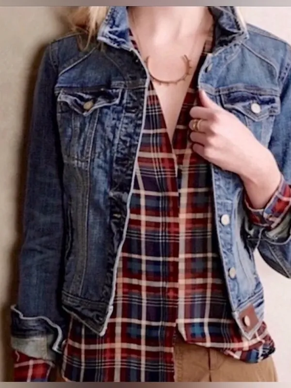 Anthropologie Pilcro‎ AVIE Classic Denim Trucker Jacket Leather Detail Size XS - Image 2