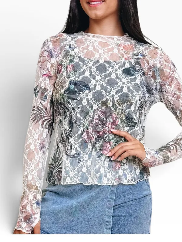 Oragami Floral Lace Mesh top with mini Rhinestone accents size Large - Image 2