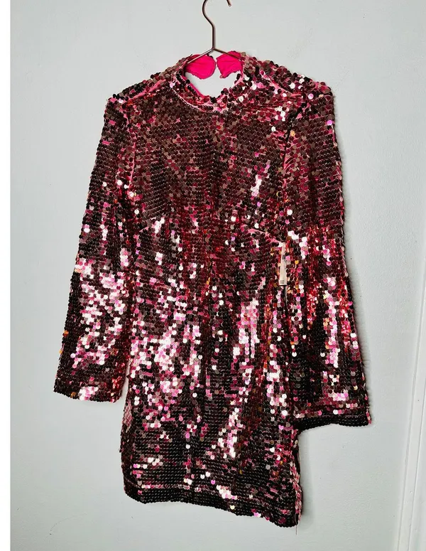 ANTHROPOLOGY MAEVE Pink Sequin Mock Neck Bell Sleeve Mini Dress NWT Size XS - Image 6