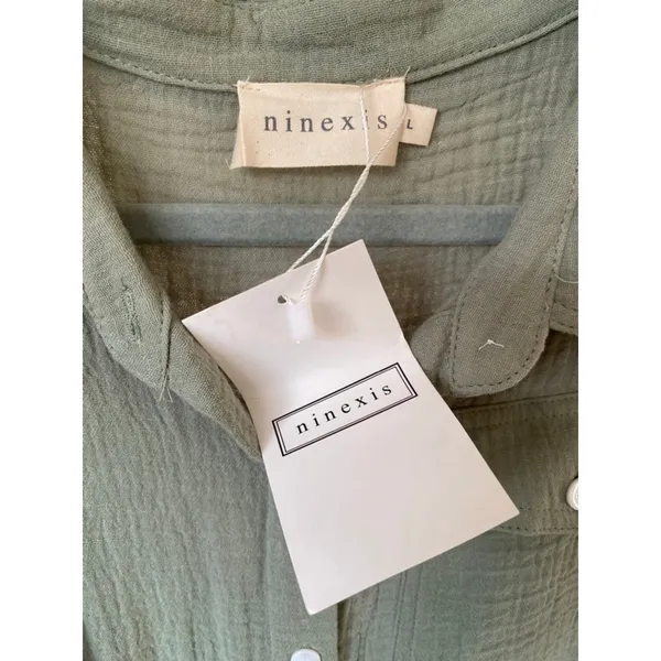 Ninexis Sage‎ Cotton Gauze Romper Collared Button Summer L Quiet Luxury Beachy - Image 6