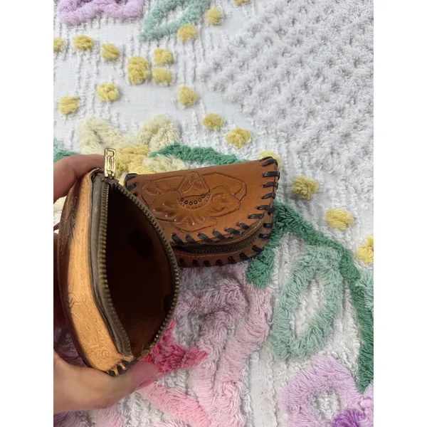 Vintage‎ Tooled Leather Coin Purse Pouch Florida Mexico Floral Design - Image 5