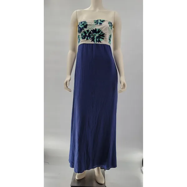 Missy Robertson Strapless Maxi Dress Large Blue Embroidered Floral Boho Summer - Image 4