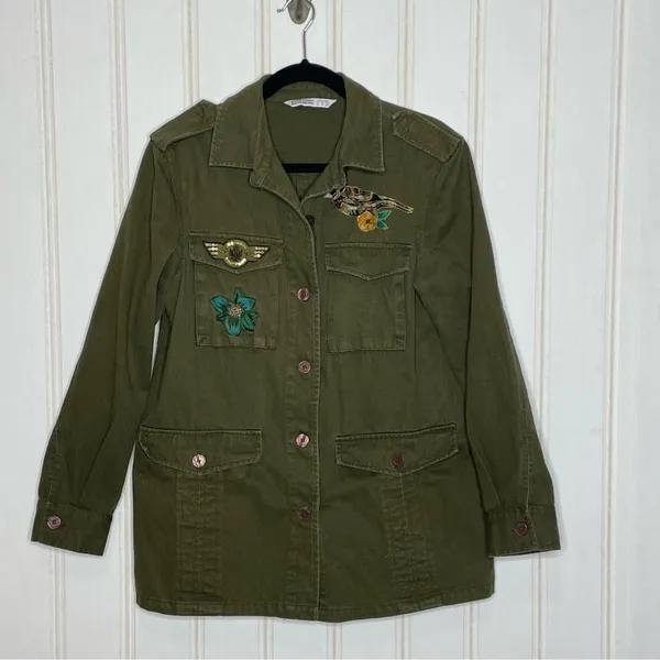 Zara Basic Z1975 Denim Military Utility Jacket Olive Green Embroidered Bird M - Image 7