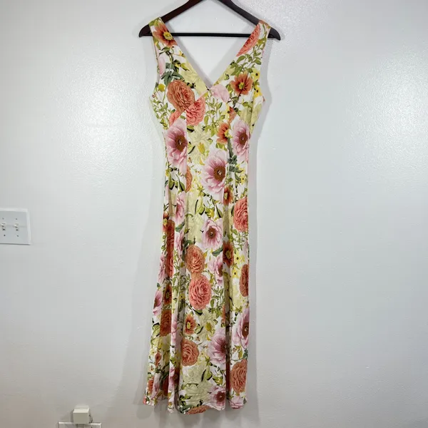 Paper‎ Heart Floral Maxi Dress Womens XS Linen Blend Sleeveless V Neck Summer - Image 3