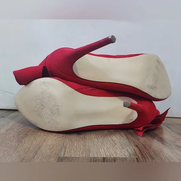 Vegan Suede Shoe Dazzle Lipstick Red Stilletto Ankle Boots w/ Bow Women's Sz 10 - Image 7