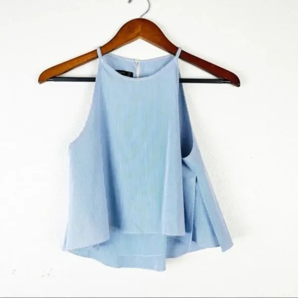 ZARA‎ BASIC Blue Striped Flowy Crop Top Halter Neck Small - Image 5