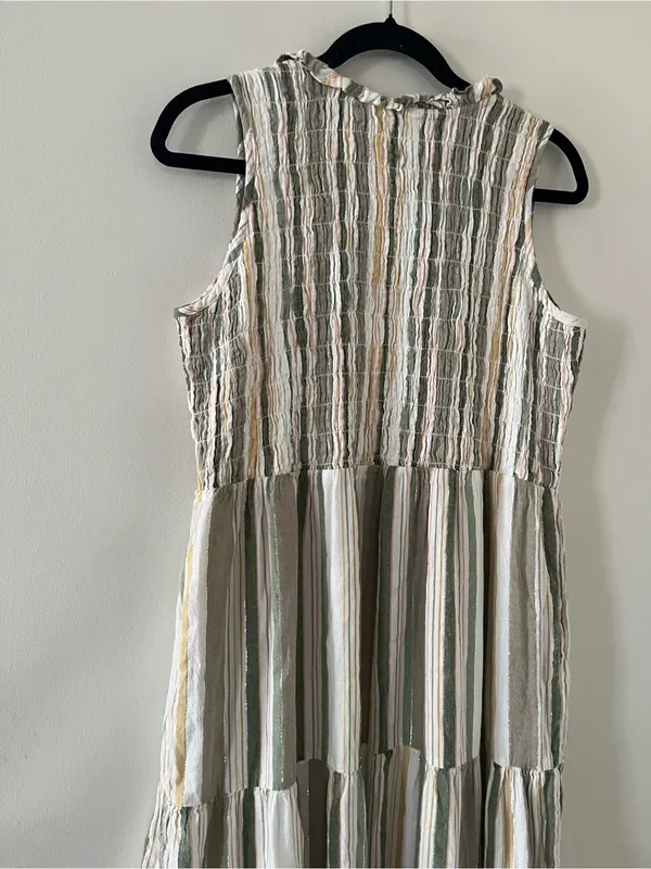 Green White Striped Cotton Tiered Button Up Maxi Dress Small Coastal Resort - Image 9