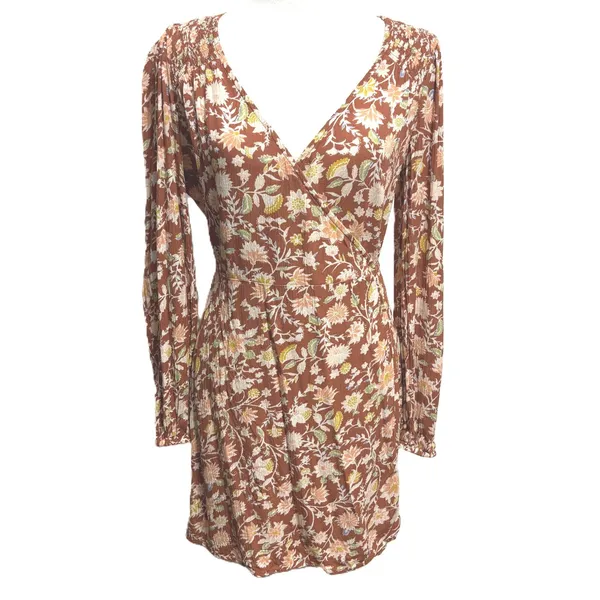 Billabong Wrap Dress Red Clay Crinkle Floral Blouson Sleeve Boho Cottage Party M - Image 3