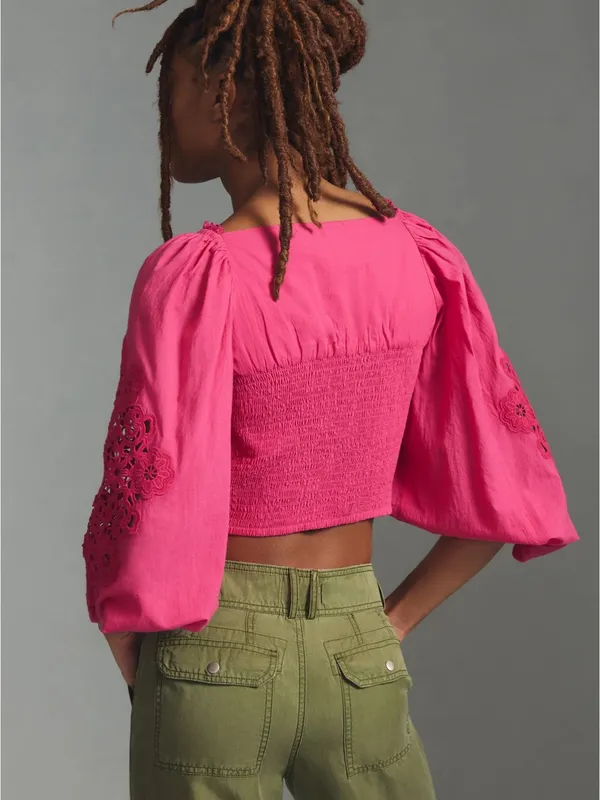 FARM Rio Pink Lace Puff sleeve Cropped Blouse - Image 3