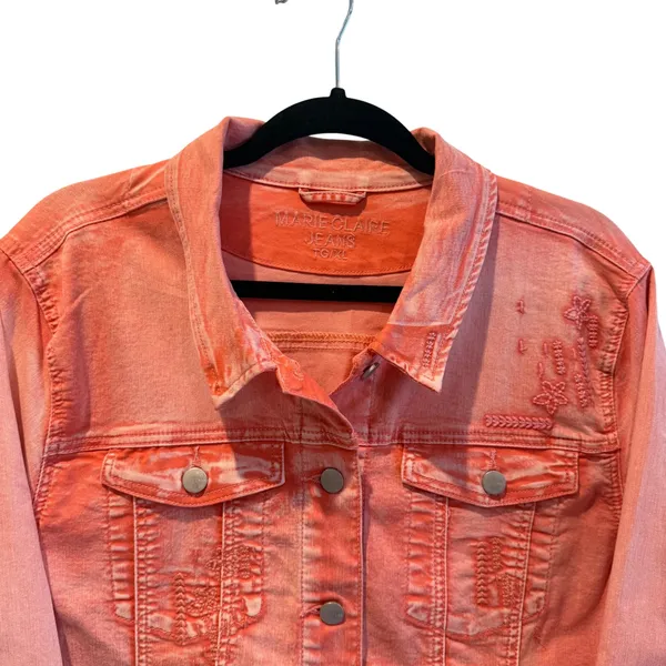 Marie Claire Jeans Women XL Coral Pink Acid Wash‎ Embroidered Denim Jacket - Image 2