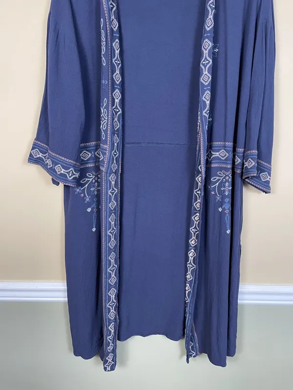 Knox Rose Women’s Boho Embroidered Cross Stitch Blue Kimono Cardigan - Image 3