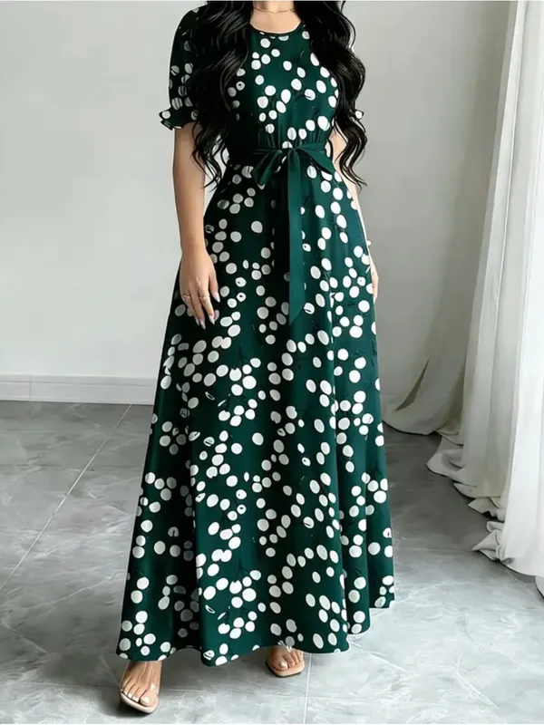 Polka Dot Maxi Dress in Dark Green with Belt - Image 3