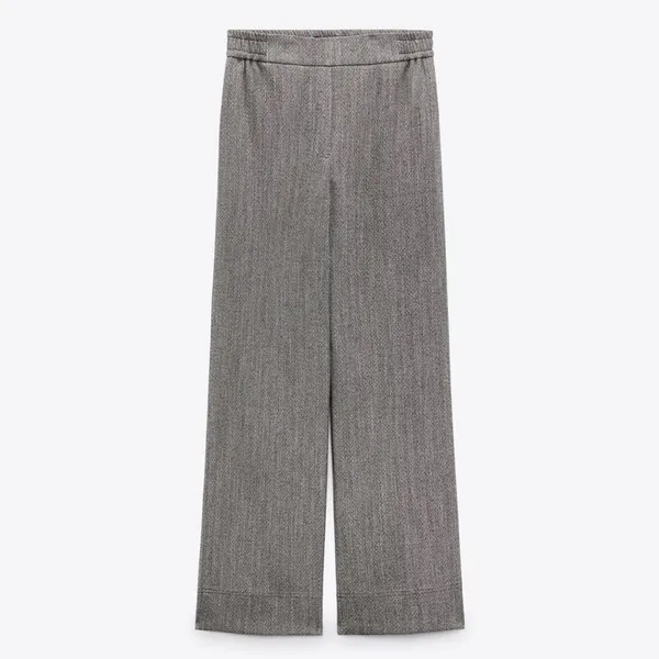 Zara Women‎ Bloggers Favorite Gray Wide Leg Herringbone Elastic Waist Pants Sz L - Image 15