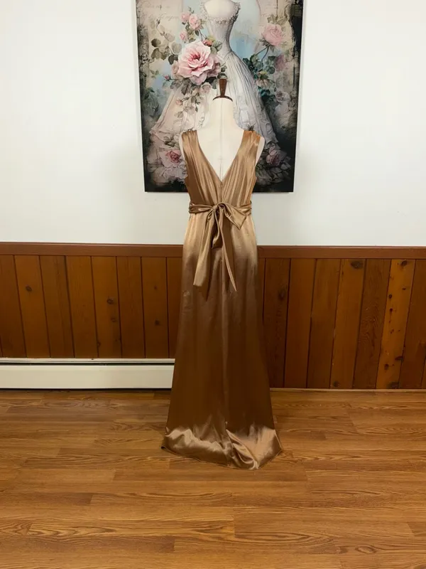 Beautiful New David's Bridal Antique Gold Satin Twist-Front Gown - Image 6