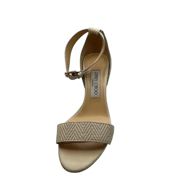 Jimmy Choo Woven‎ Ankle Strap Block Heel Sandals Beige IT 37 Made in Italy - Image 9