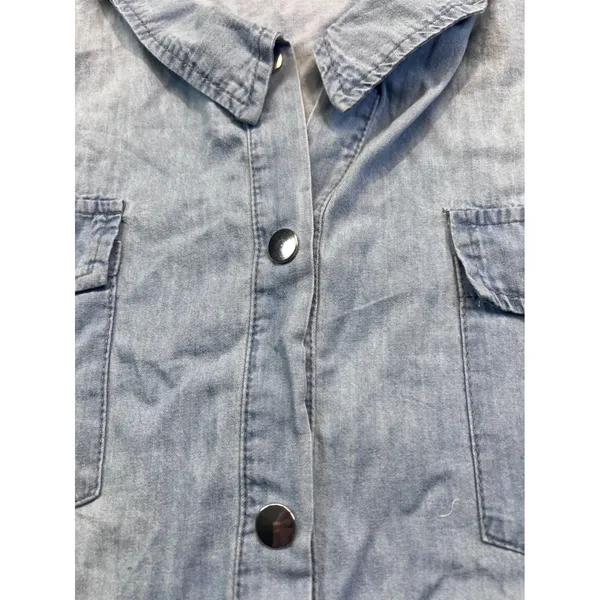 Sleeveless Light Wash Chambray‎ Denim Shirt Dress Snap Front Collared Blue Large - Image 9