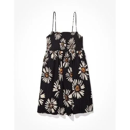 American Eagle Cami Mini Dress Womens XS Black Floral Smocked Daisy Boho Y2K 90s - Image 4