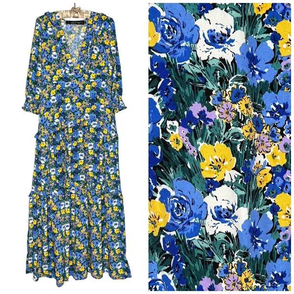 CODE x MODE Floral Maxi Dress XL Empire‎ Waist Drop Waist Ruffle Bishop Sleeve - Image 2