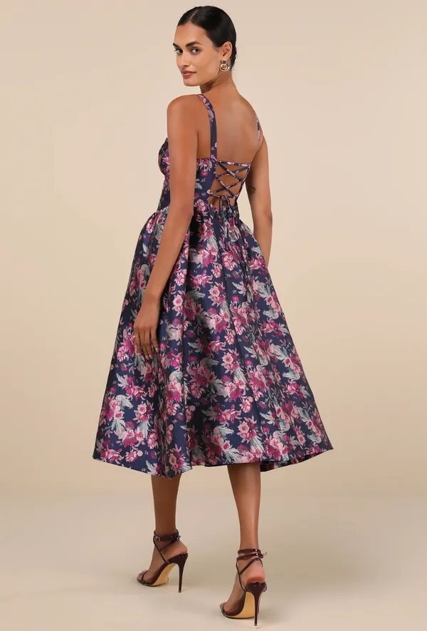 Lulus Attractive Essence Navy Floral Jacquard Midi Dress Pockets Size L NWT - Image 2