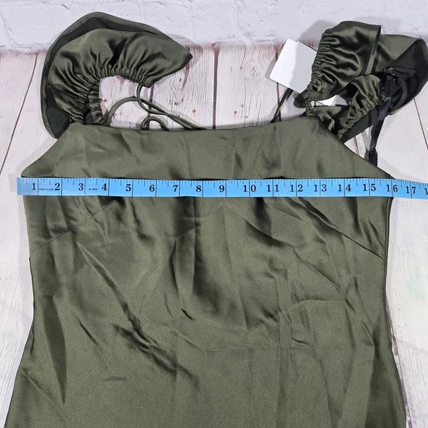 Social Bridesmaids Olive Green Satin Ruffle Flutter‎ Sleeve Maxi Dress XS 8219 - Image 10