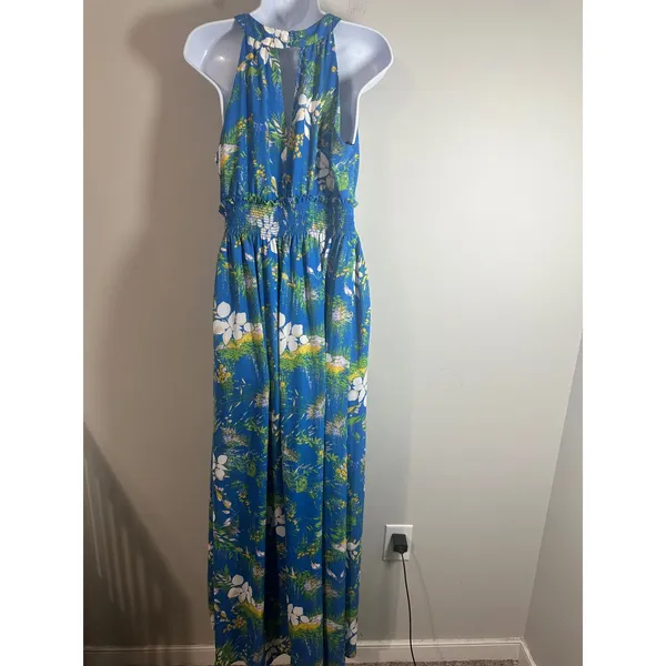 Halogen Blue Floral Smocked Waist Maxi Dress Medium Sleeveless V-Neck‎ NWOT - Image 5