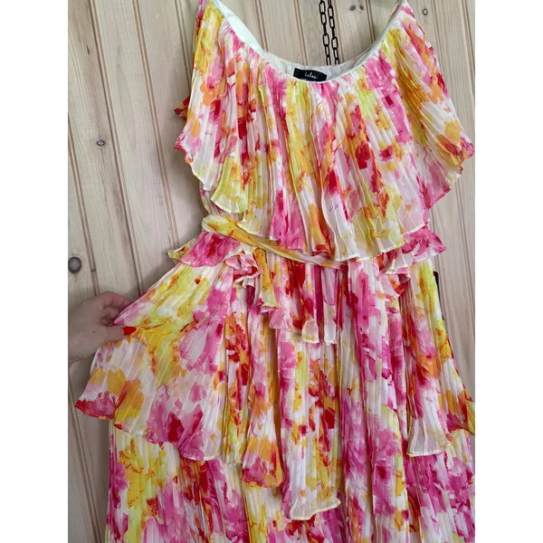 NWT Lulus Nessa Yellow and Pink Abstract Plisse Tiered Midi Dress Colorful Sz XL - Image 4