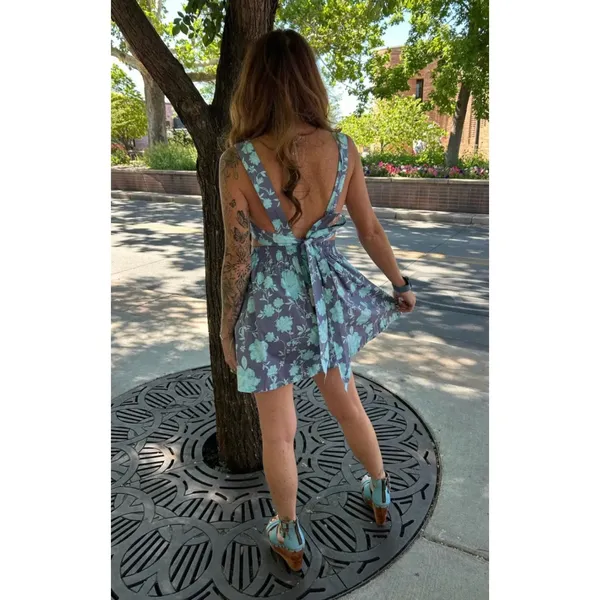 FREE PEOPLE Meet Me In Maui Printed Mini Dress in Ocean Combo Blue Size Small - Image 3