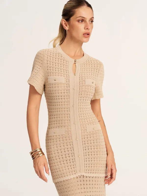 COMMENSE Short Sleeve Crochet Knit Mermaid Maxi Dress Khaki Gold Size S NWT - Image 3
