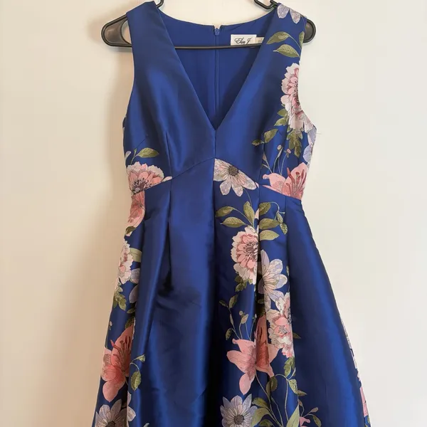 Eliza J Blue Floral Print Satin Twill High/Low Fit & Flare Dress Sz 6 Formal - Image 4