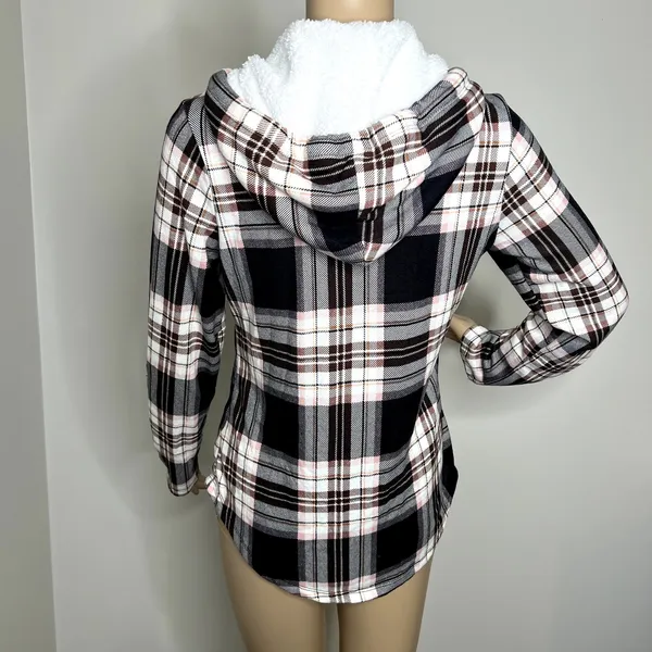 No Comment Black Pink Plaid Hooded Button Down Top - Image 3