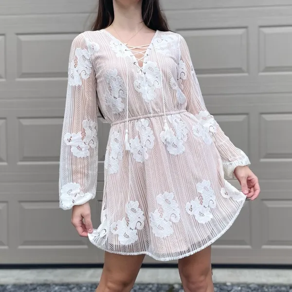 Lovers + Friends White Lace Sheer Illusion Bridal Mini Dress Medium - Image 6