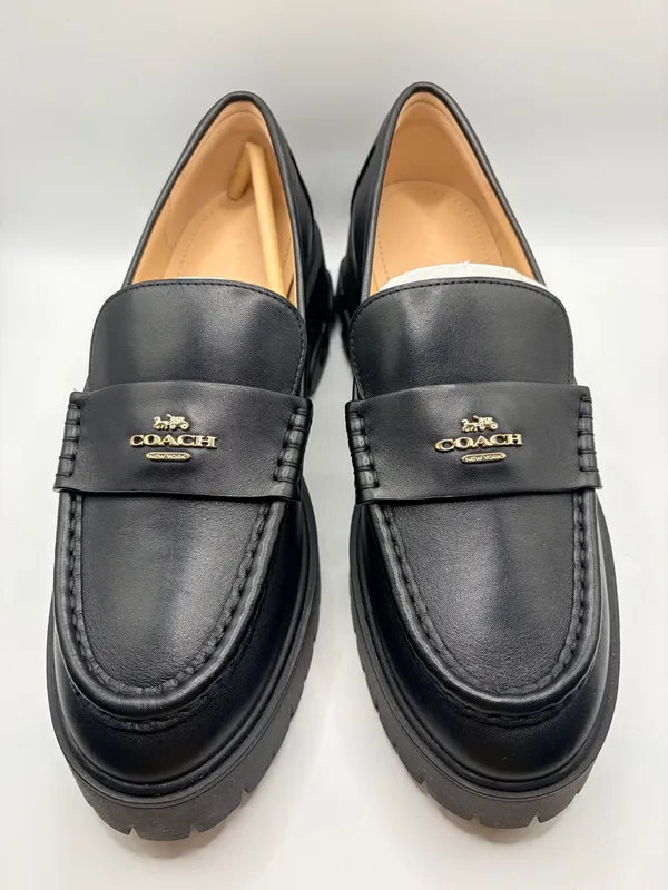 Coach Ruthie Leather Loafers Women’s 8B Black Chunky Lug Sole Platform Preppy Gold Logo - Image 4