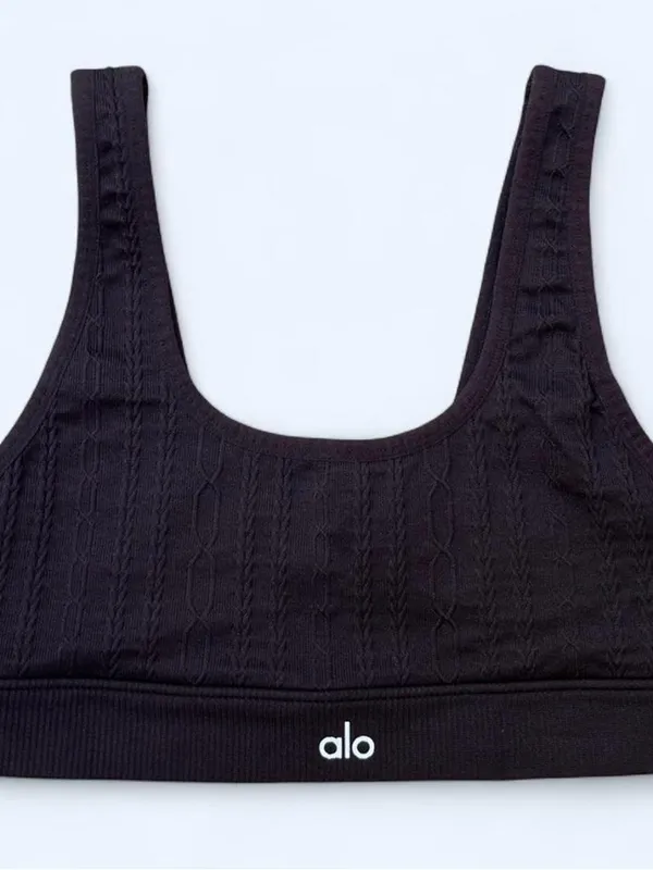 ALO Yoga cable knit black sports bra yoga Pilates gym activewear running size XS - Image 3