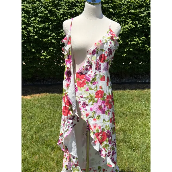 NEW Abercrombie Strawberry Floral‎ Ruffle Wrap Midi Autumn Wedding Guest Dress - Image 9