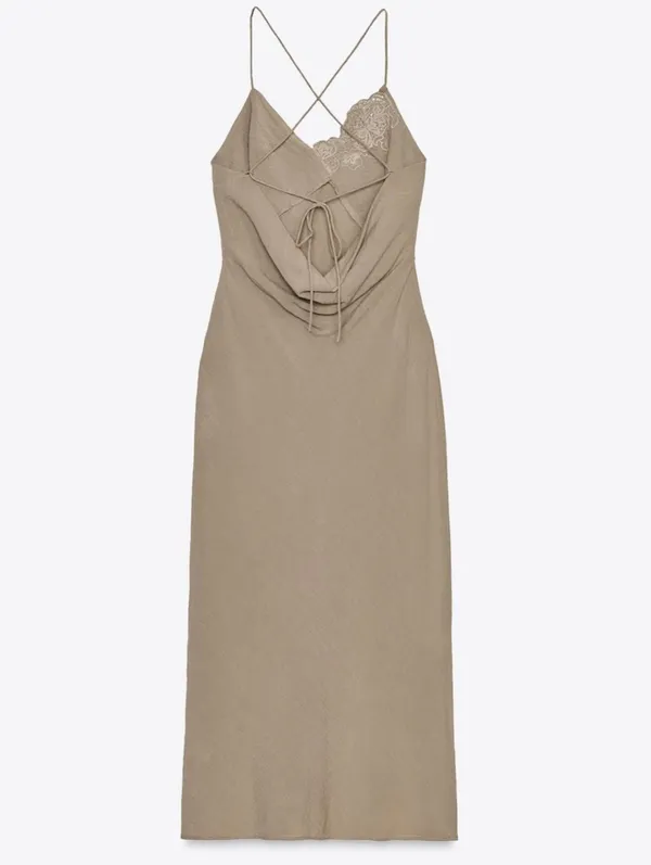 Zara Tan Lace Strappy Embroidered Midi Slip Dress - Image 12