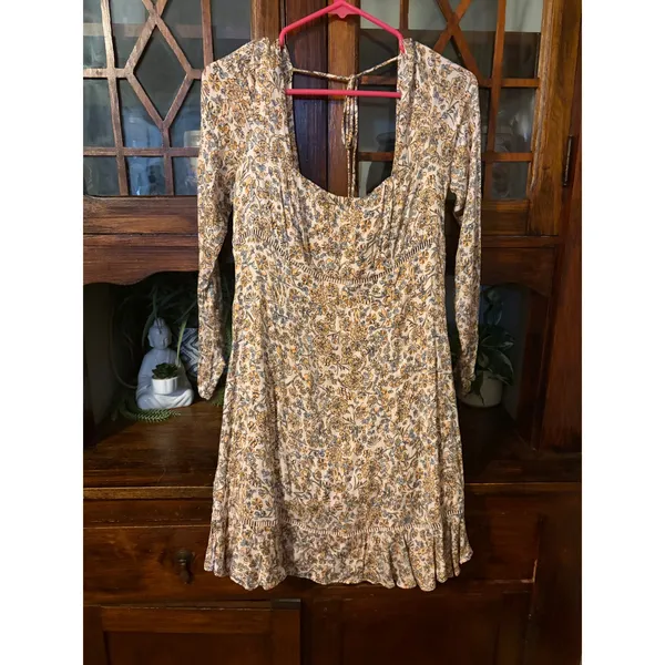 Free People Women Floral Mini Dress Long Sleeve Square Neck Open Back Size 10‎ - Image 2