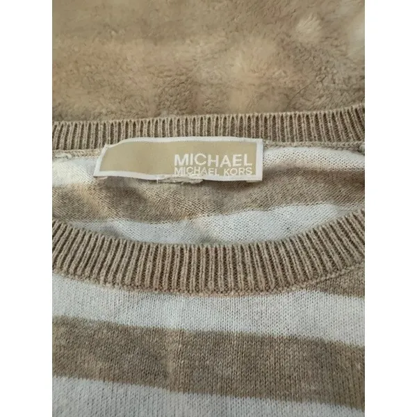 Michael Kors Womens Striped Long Sleeve Sweater Tan White Gold Shoulder Zips (C) - Image 3
