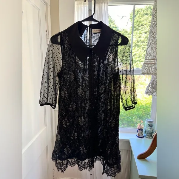 Simply Couture Black Lace Peter Pan Collar Mod Mini Dress Small - Image 3